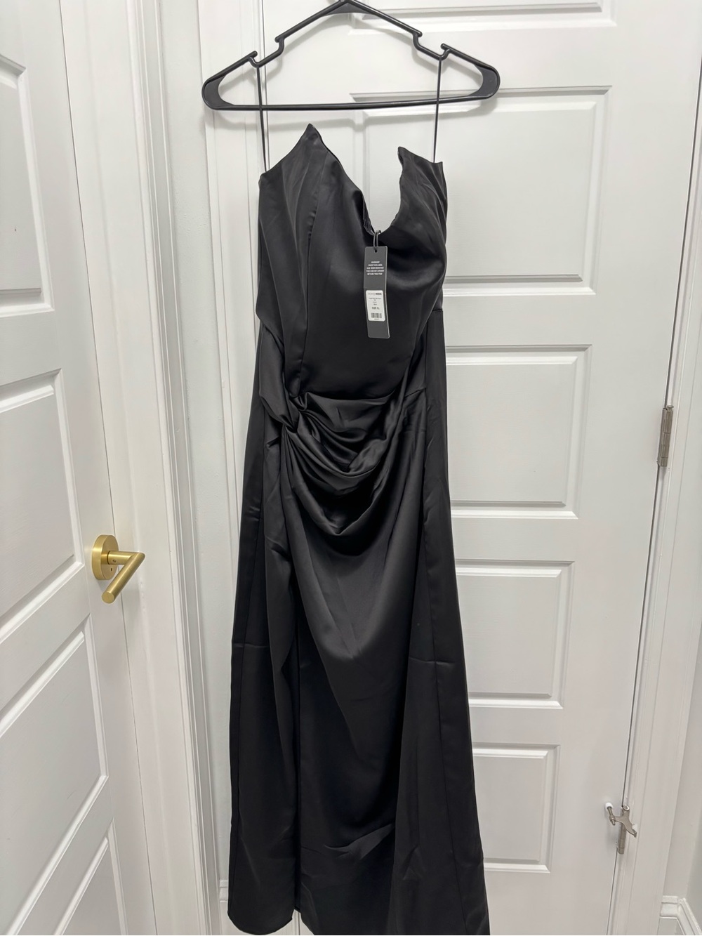 Fashion Nova Black Satin Draped Prom Gown